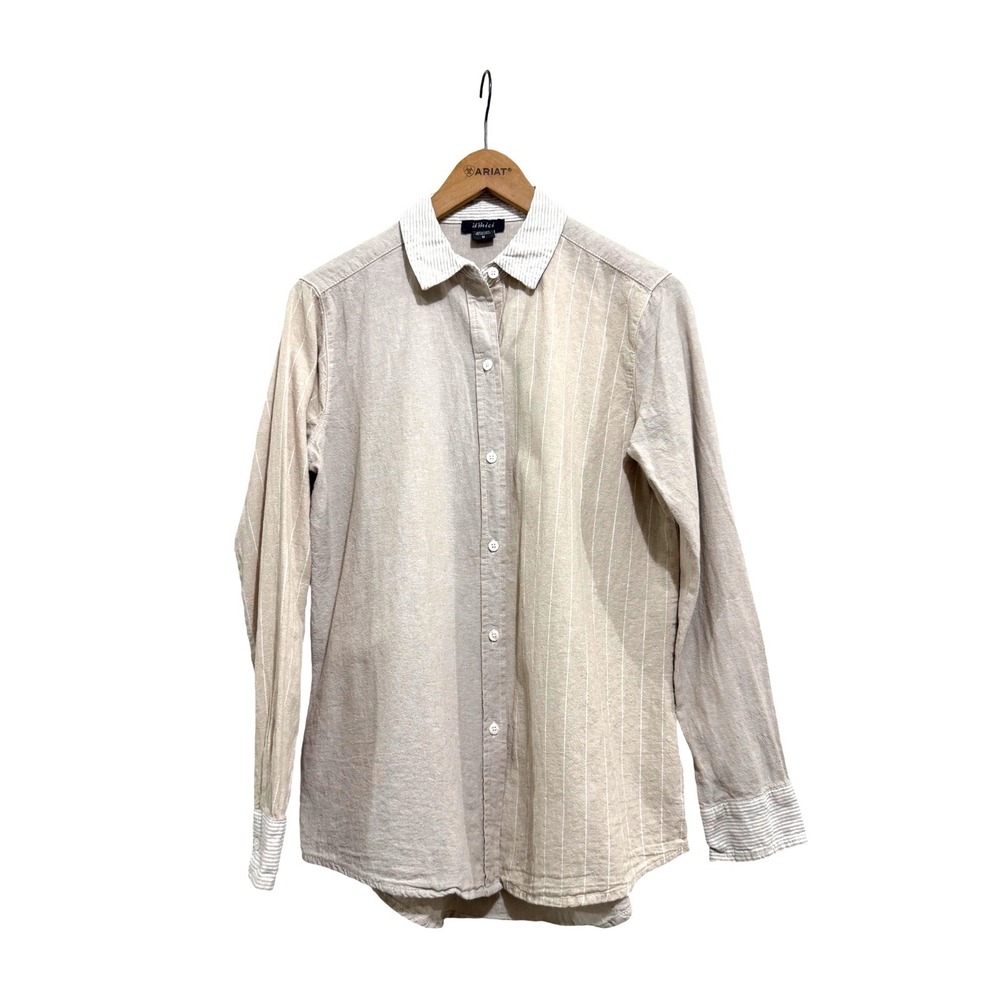Pure Amici Womens Linen Cotton Blend Striped Button Down Shirt Beige Size M